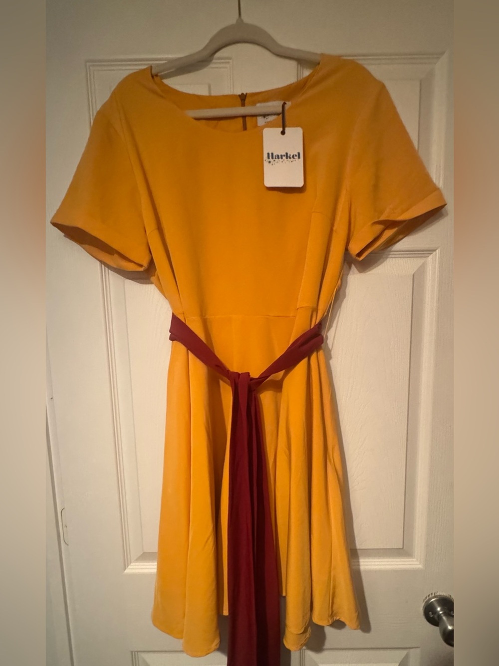 NWT Harkel Sz 14 Mustard Yellow Fit-and-Flare Swing Dress with Burgundy Sash